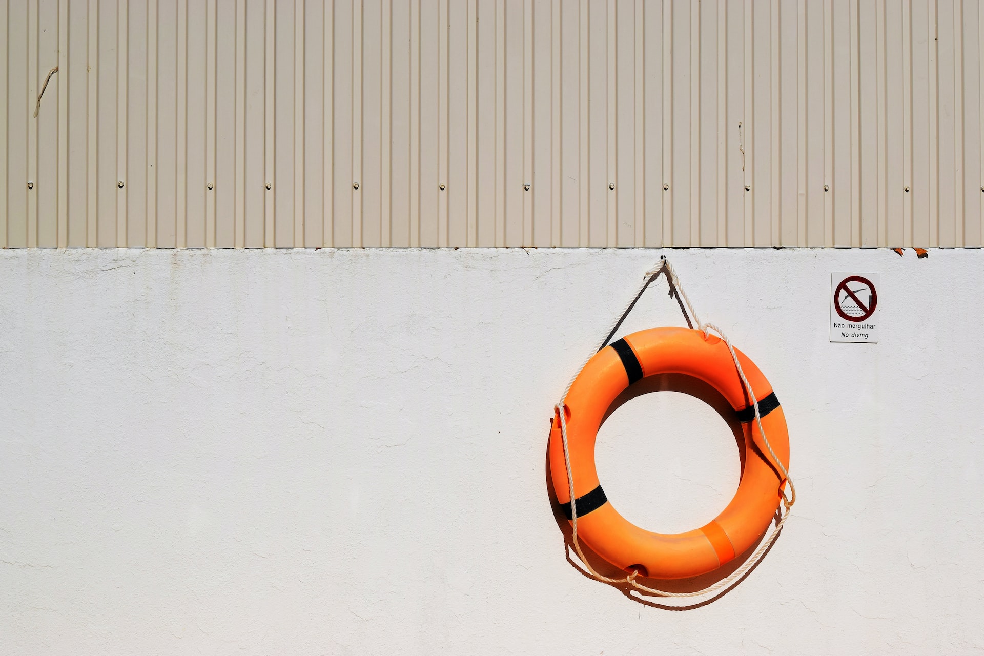 Emergency flotation device hanging against the wall.
